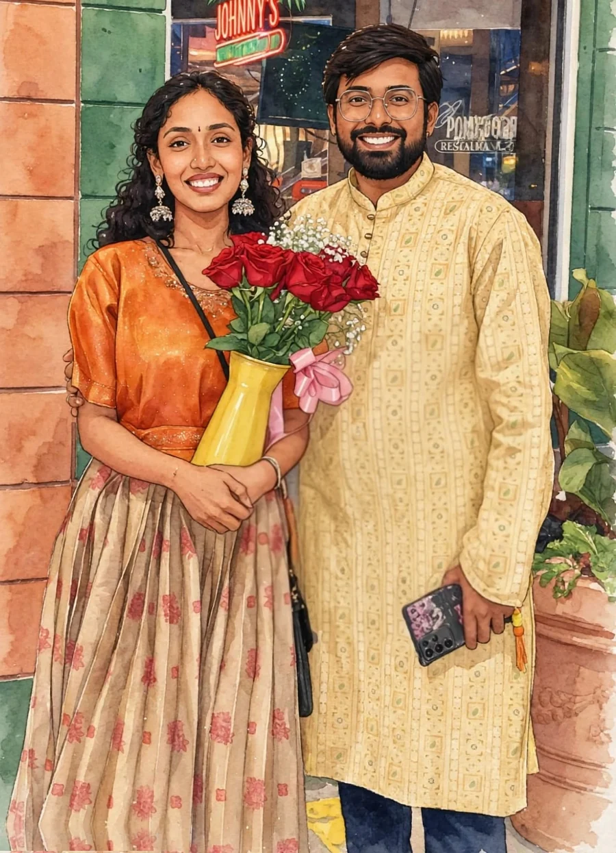 Watercolour portrait of Chaitanya and Medha standing together
