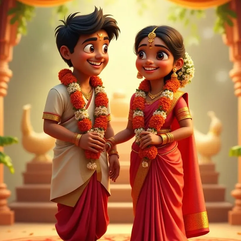 Illustration of a bride and groom in Telugu wedding attire standing on a decorated mandap