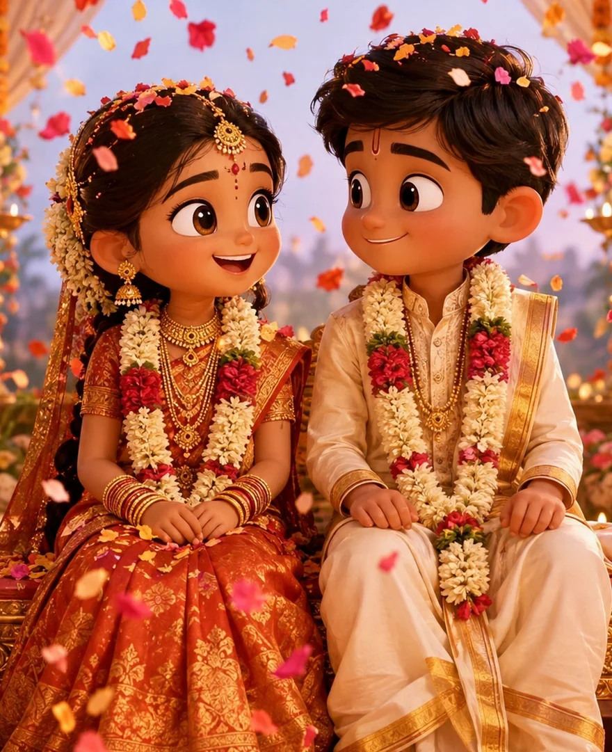 Illustration of a young bride and groom seated together with flowers falling around them